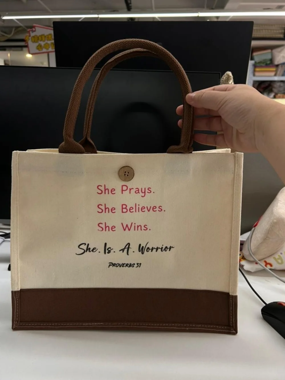 Canvas Tote Bag - Cream with Brown Accents